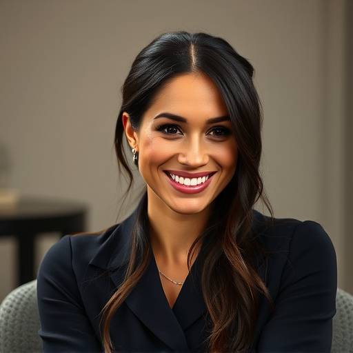 Meghan Markle assise pour une interview exclusive, souriant et paraissant détendue.