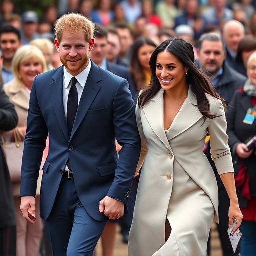 Meghan Markle et le Prince Harry marchant ensemble lors d'un événement public, se tenant la main et souriant à la foule.