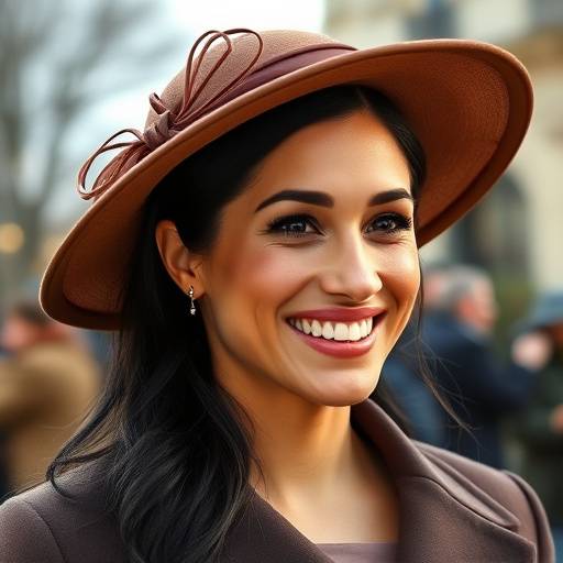 Meghan Markle souriant lors d'une visite à Paris, portant un élégant chapeau.