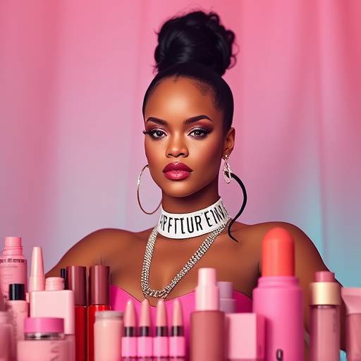 Rihanna lors du lancement d'un nouveau produit Fenty Beauty, entourée de fans et de journalistes.